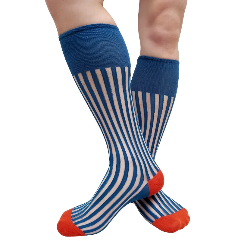 See Through Striped Mens Formal Socks Over the Calf Dress Suit Male Sexy Stocking Lingerie Business Long Tube Hose Softy Funny