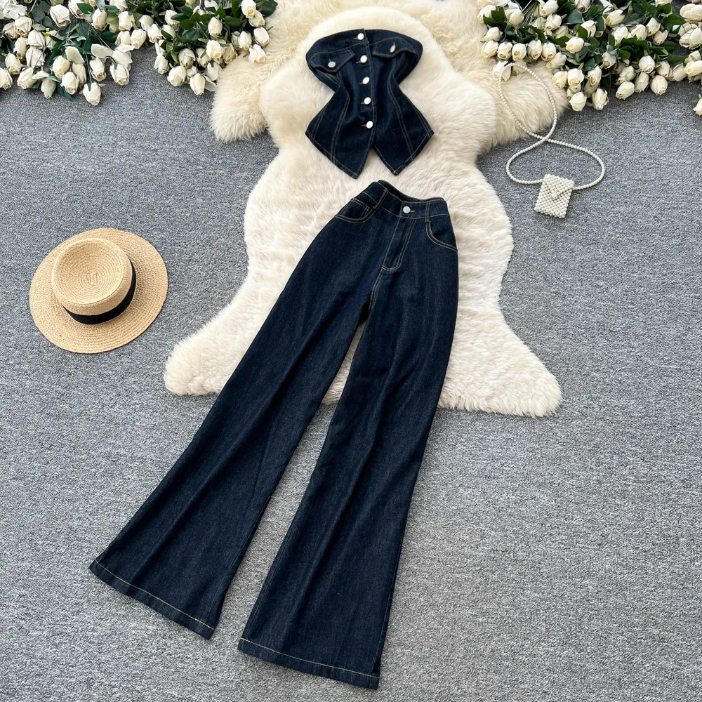 Woman Minimal Commuter Denim Two Piece Set Summer Single Breasted Slim Tank Top Wide Leg Pants Women Daily Outfit