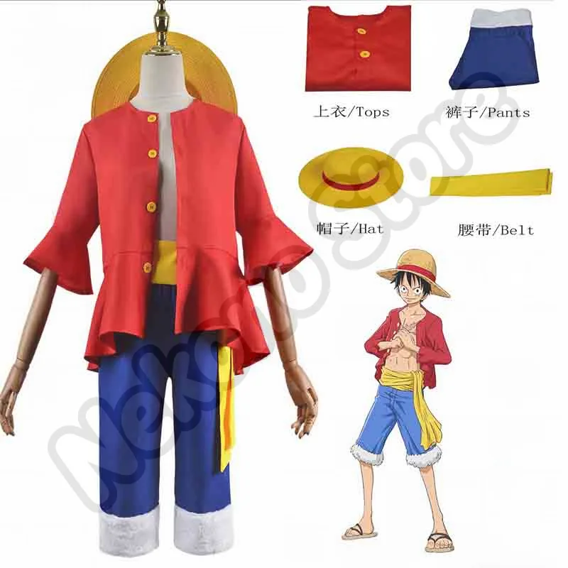Anime Monkey D. Luffy Cosplay-Kostüme, Luffy Cosplay, rote Anzüge, Hut, Halloween-Karnevalskostüm für Erwachsene und Jungen