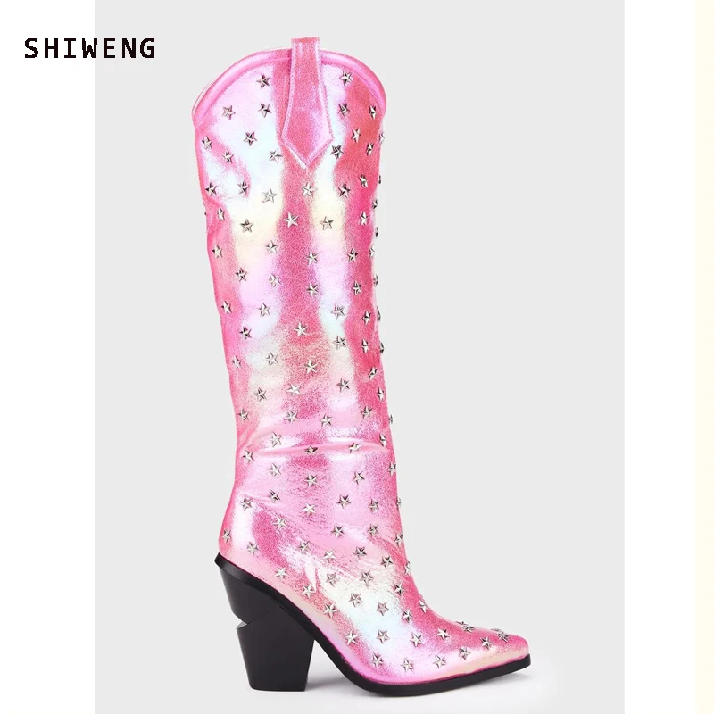 2023 Rhinestone/Rivet Color Blocking Western Short Boots New 8cm Thick Heel Pink Chelsea Women Blingbling Boots Boots Size 35-44