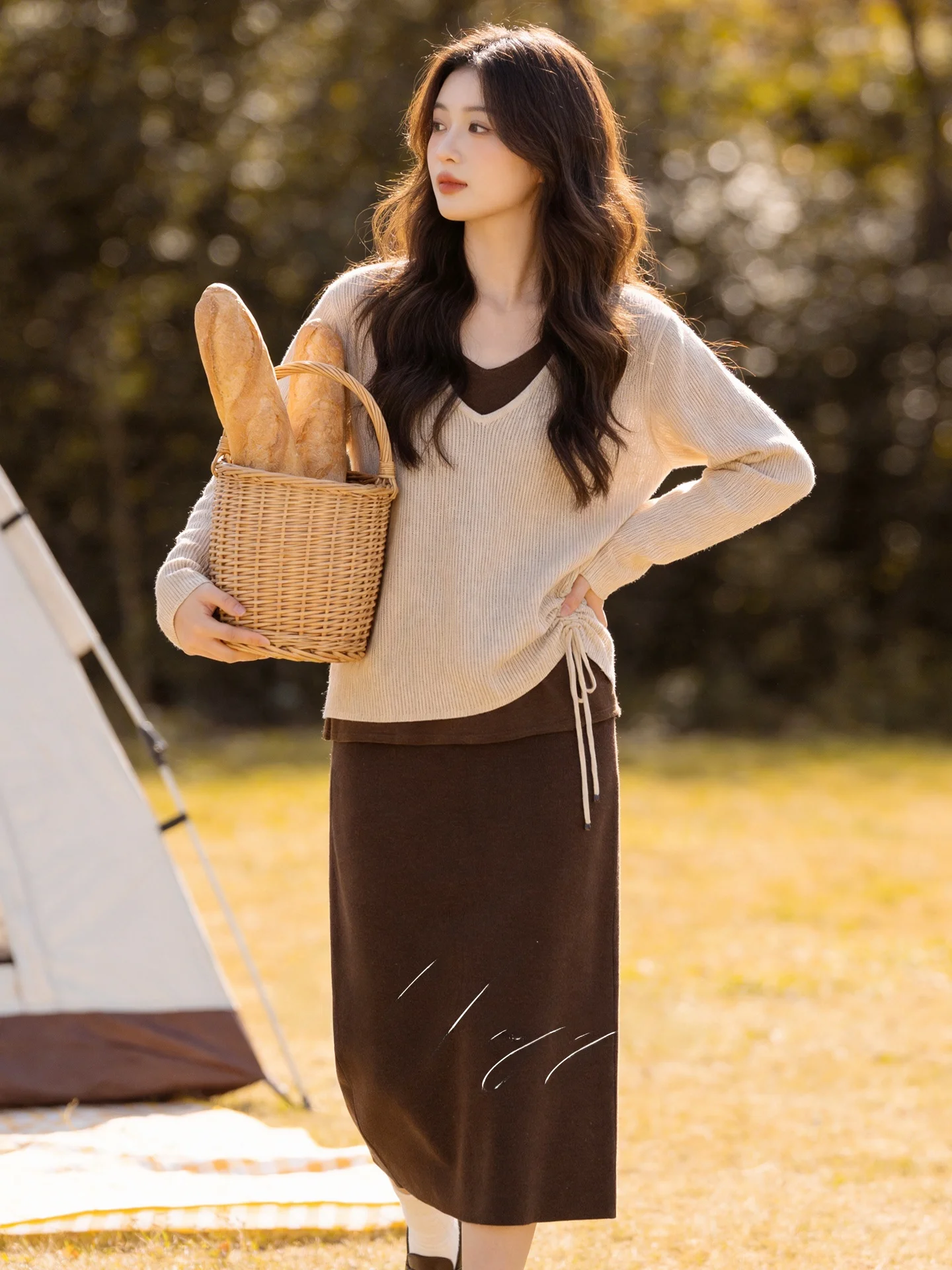 

Spring Collection plus Size Women's Outfit 2026 New Style Slimming Drawstring Waist Top Half Skirt Two-Piece Set Casual Wear