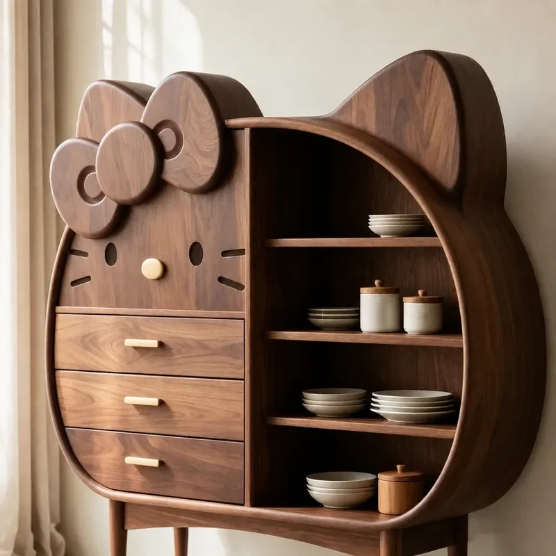 2026 New Chinese Style Cartoon Cat Dining Side Cabinet Black Walnut Storage Display Cabinet Creative Design