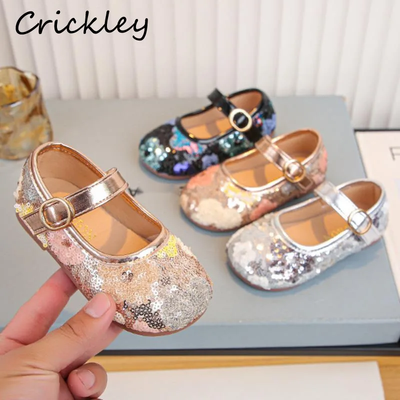 

Paillette Baby Girls Flats Shoes Flowers Bling PU Hook Loop Children Princess Shoes Hook Loop Shallow Soft Kids Party Shoes