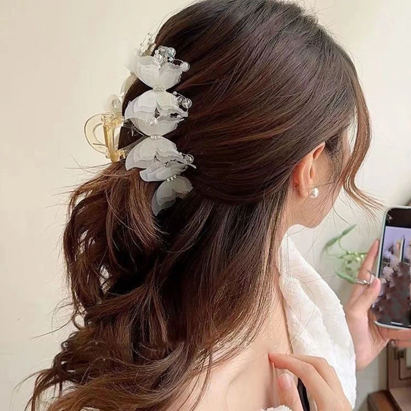 Netted gauze pearl butterfly shark trap Sweet style braided hairstyle hair clips Valentine's Day gift - hair accessories