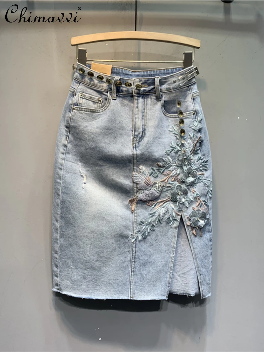 Original 2024 Summer Clothes New Heavy Embroidery Flower Denim Skirt Fashion Retro Light Blue Split Streetwear Women's Skirt