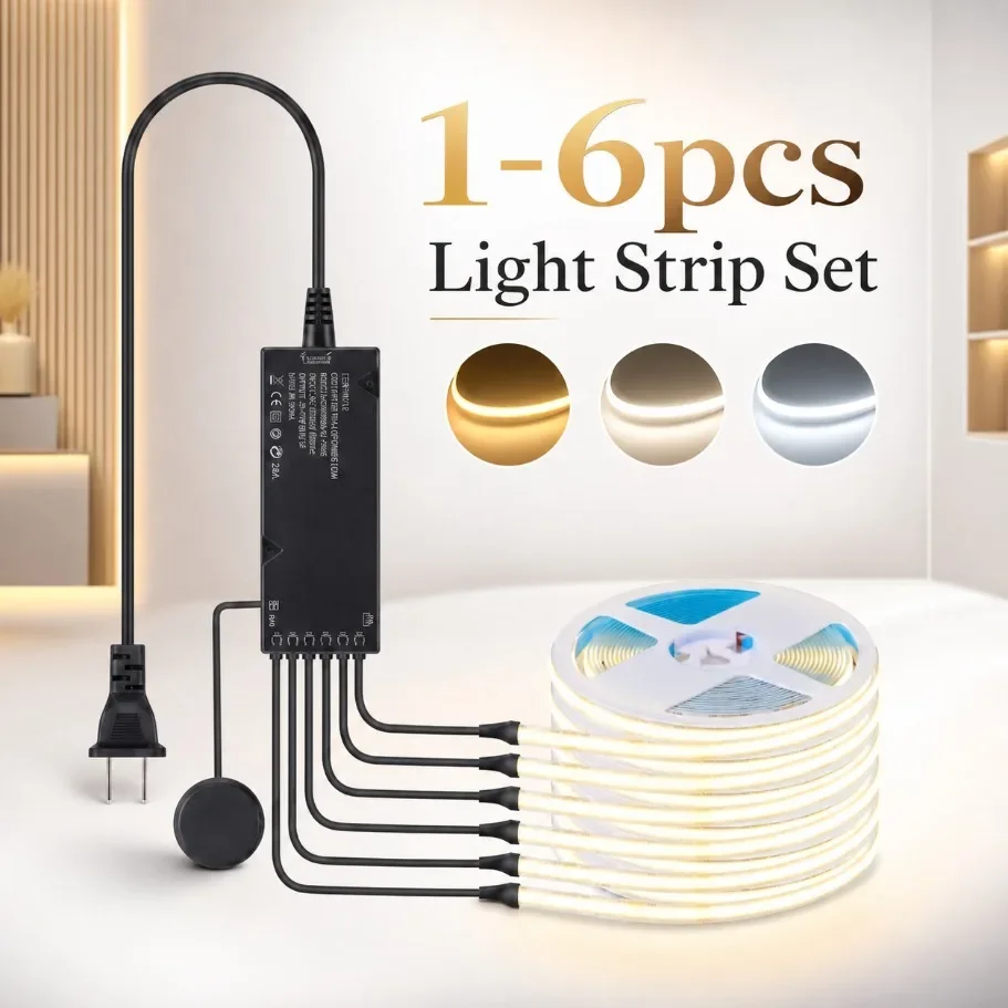 1-6pcs COB Light Strip Sync Control Touch Dimming Driver EU Plug US Plug Counter Vanity Mirror Bookcase Closet Decor Light