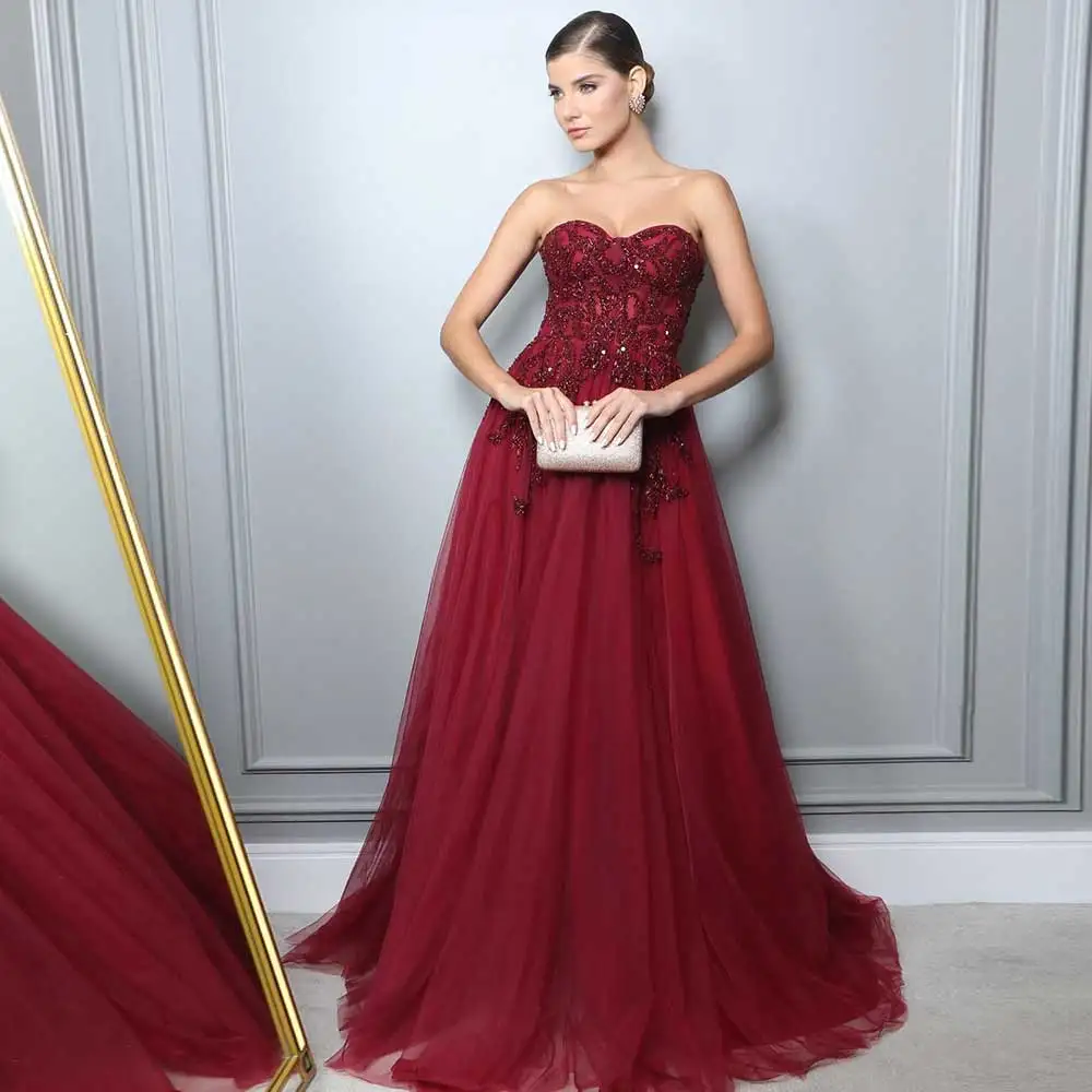 Wine Red Tulle Evening Dress Sweetheart Applique Pleated Prom Festive Backless Zippered Brush Train Women's Wedding Party Gown