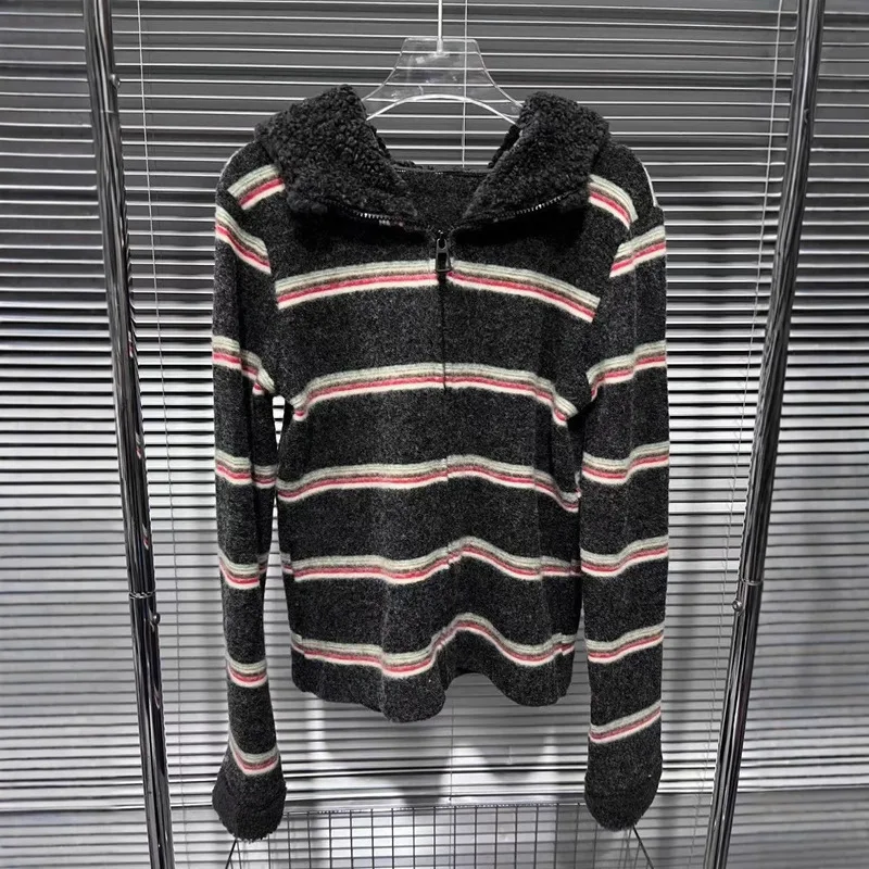 WTHT Trendy Women's Control Color Striped Plush Hooded Coat 2024 Winter Fashion New Long Sleeves Zipper Jacket Female 1LS527