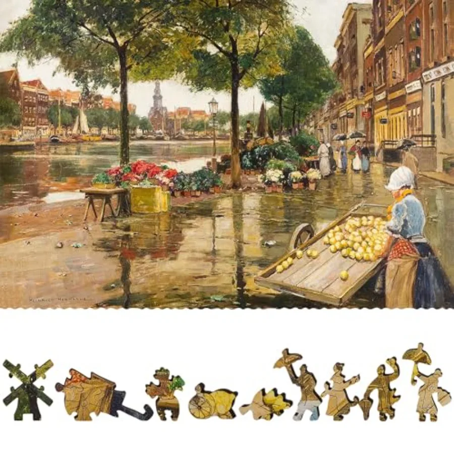 

Wooden Puzzle for Adults - Uniquely Shaped Pieces - Made in The USA by - 465 Pieces - Flower Market in Amsterdam