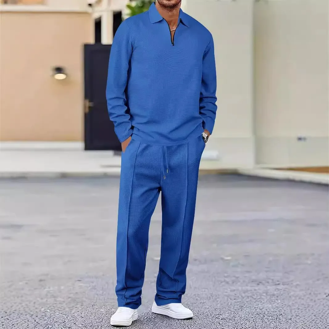 2025 new men's suit casual daily solid color Waffle fabric breathable Polo long sleeve shirt two pantsuits