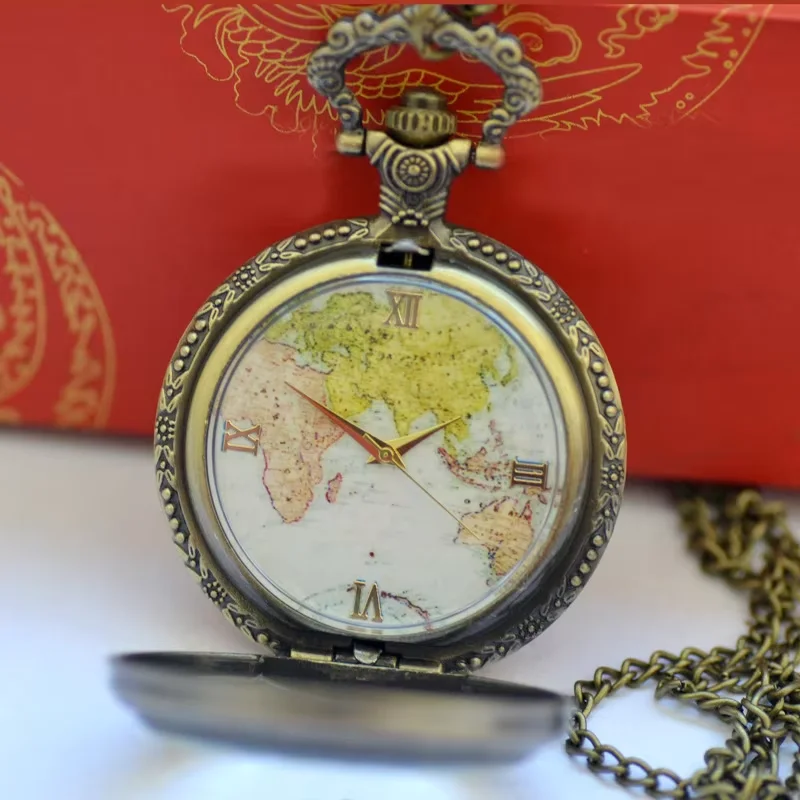 

9015 Vintage Bronze World Map Transparent Glass Pocket Watch Fashion Good Quality Quartz Watch Necklace