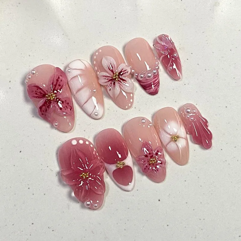24pcs Pink Flower Almond Press on Nails Kawaii False Nails Wearable Stick-on Nails Fake Nail Uñas Postizas Накладные Ногти 네일팁 image 3