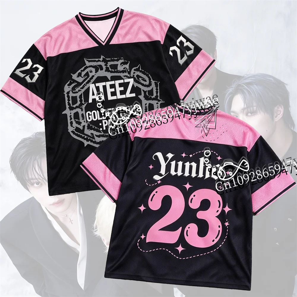 Ateez Golden Hour Part 6 Album Inspiration Jersey V-Neck Fashion Street Top Seonghwa San T-Shirt Summer Men'S Women'S T-Shirt