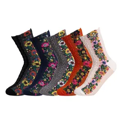 5 Pairs Women Socks Set New Retro Country Style Green Autumn Floret Soft Skin-friendly Breathable Korean Fashion Socks