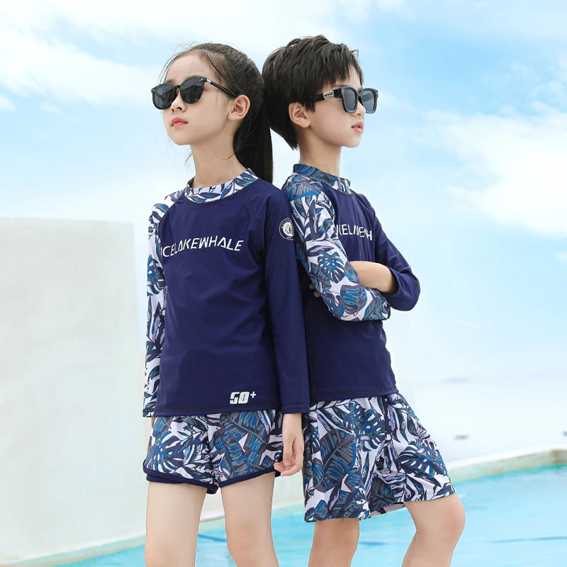 2026 Kids Boys Girls Two-Piece Swimsuit O Neck Leaf Letter Printed Long Sleeves Shorts Surfing Suit Beach Bathing Suit