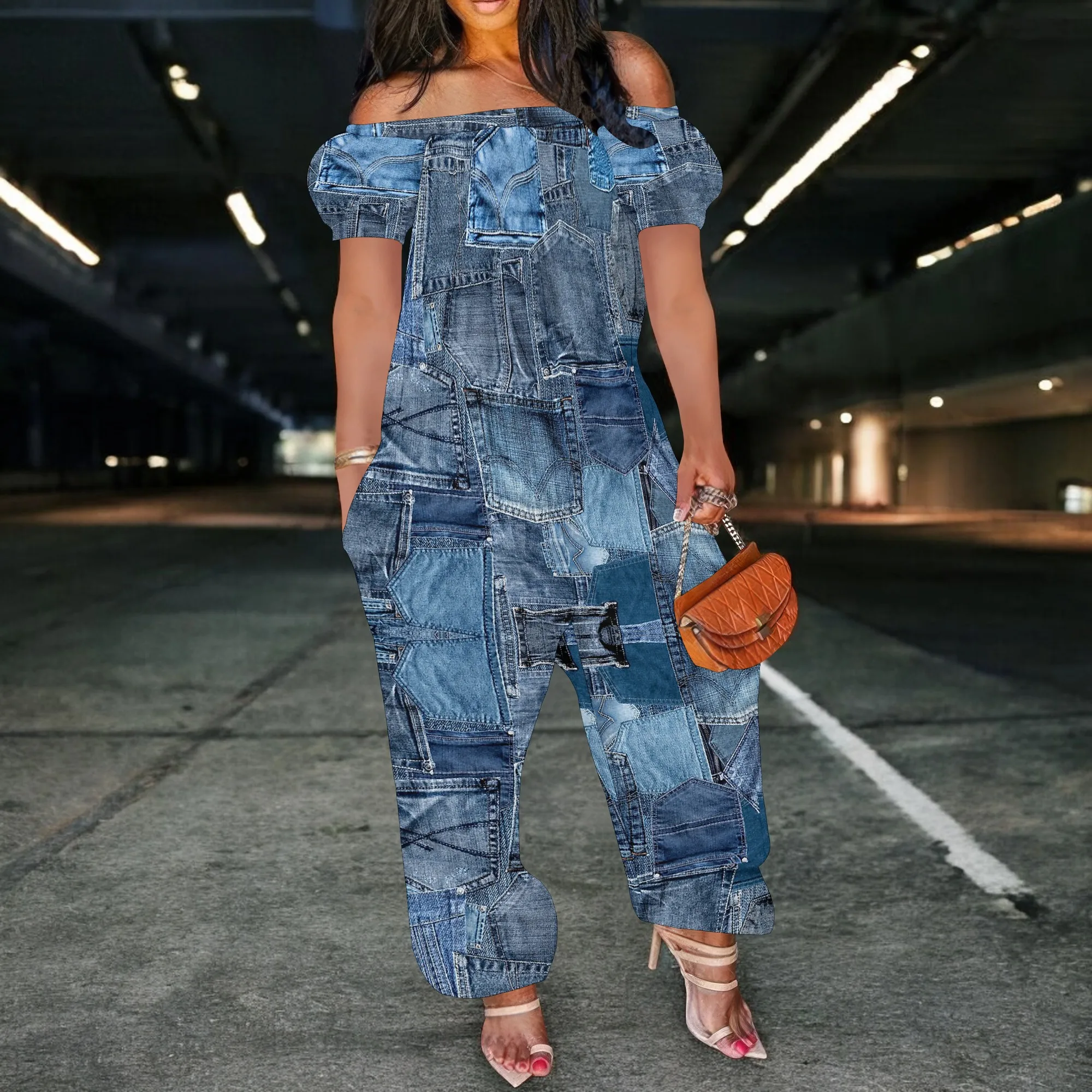 Women Sexy Off Shoulder Jumpsuit Short Sleeve  Floral Print  Romper Wide Leg Long Pants with Pockets Plus Size