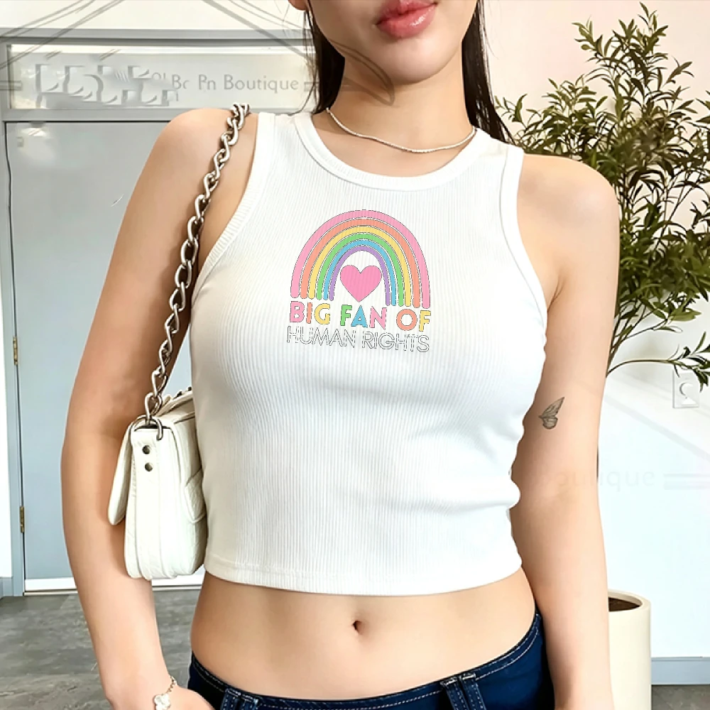 Big Fan of Human Rights Pastel Rainbow Heart Handwritten Print Camisole Ribbed Tank Top Crop Y2K Top Female Cropped Slim Vest