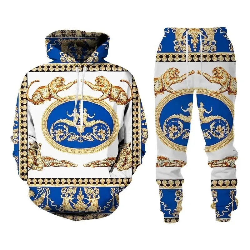 Fashion Luxury Golden Pattern Men Hoodie Sets 3D Print Sweatshirt Hooded Sweatshirt Oversize Sportswear Trousers Suit clothing