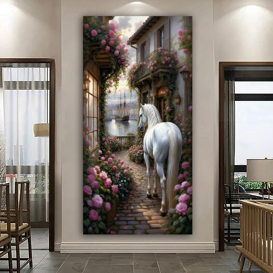 White Horse and Peacocks Picture Large Size Diy Diamond Art Painting New Collection Animals Full Drill Mosaic Embroidery Kits