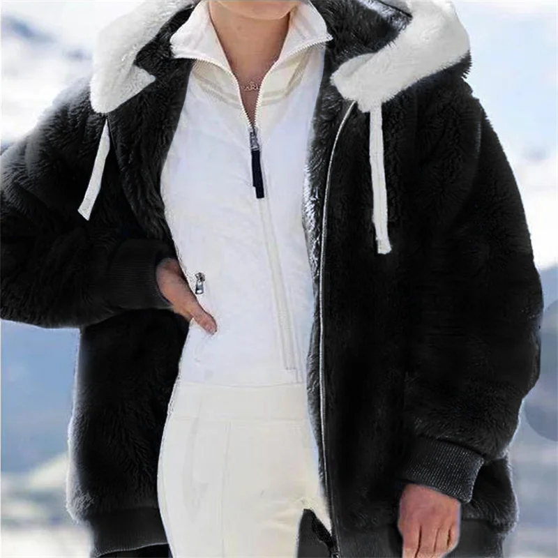 Winter Warm Women\'s Faux Fur Jacket Plush Coat New Casual Hooded Zipper Soft Fleece Cashmere Jackets Female Thick Clothing y2k