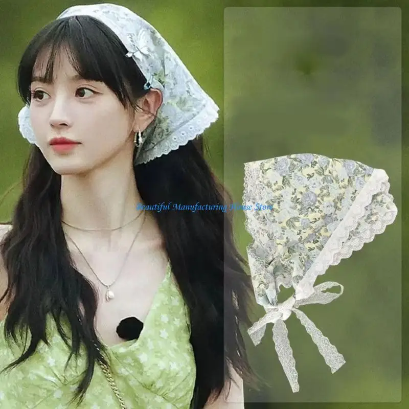 E56A Flower Pattern Triangular Head Scarf French Sun Protective Headwear for Women Use