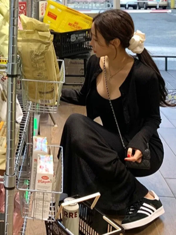 Chic Spring Pure Desire Long Sve Open Cardigan Coat plus Knitted Wrap around Strap Dr Two Piece Set Bodycon Sle