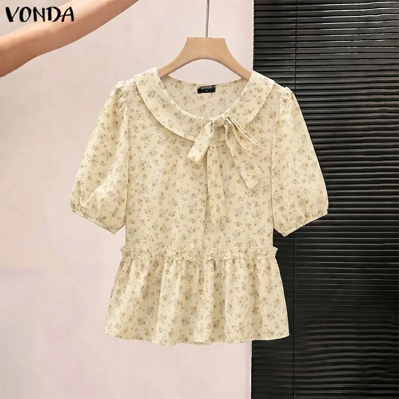 Floral Print Summer Tops Women Blouse 2026 Bohemian Short Puff Sleeve Ruffle Blusas Tie Bow Neck Tunics Oversized VONDA