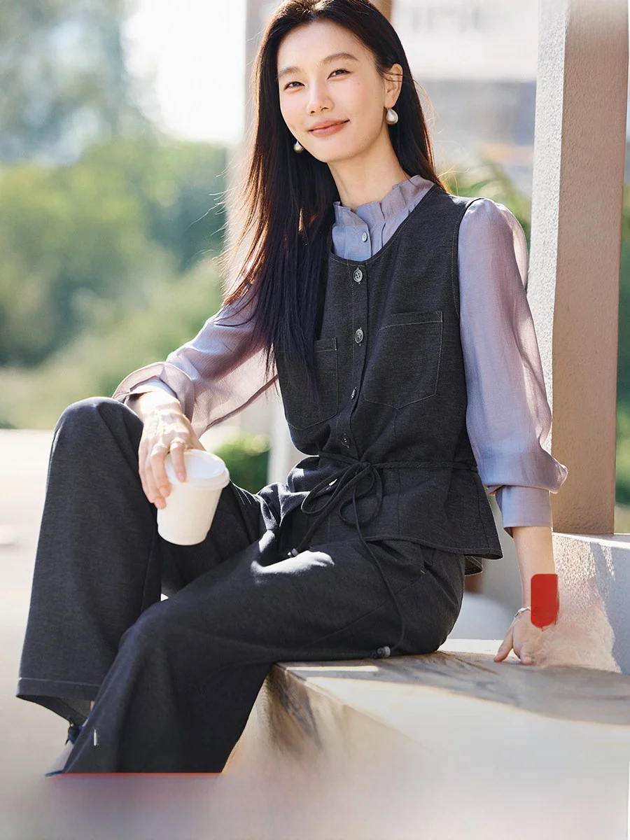 

Ele Denim Inspired Women's Vest Set Spring 2026 Slimming Faionable Two-Piece Suit Straight Cut Long Pants Autumn Spring