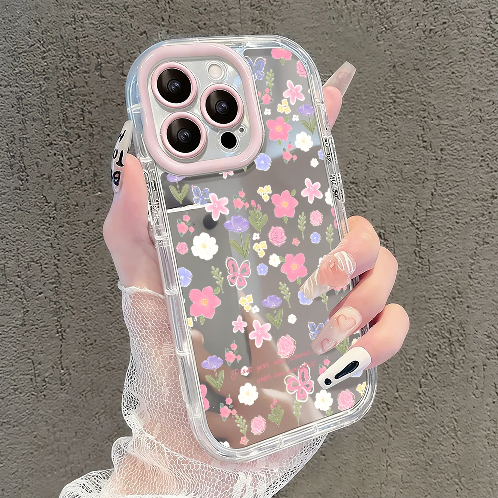 Niedliche Wildblumen- und Unkraut-Motiv Air Cushion Spiegel Handyhülle für iPhone 17 15 14 16 Pro Max 13 12 11 Pro XR XS 7 8 Plus 17Air Girl Cover – Detail 16