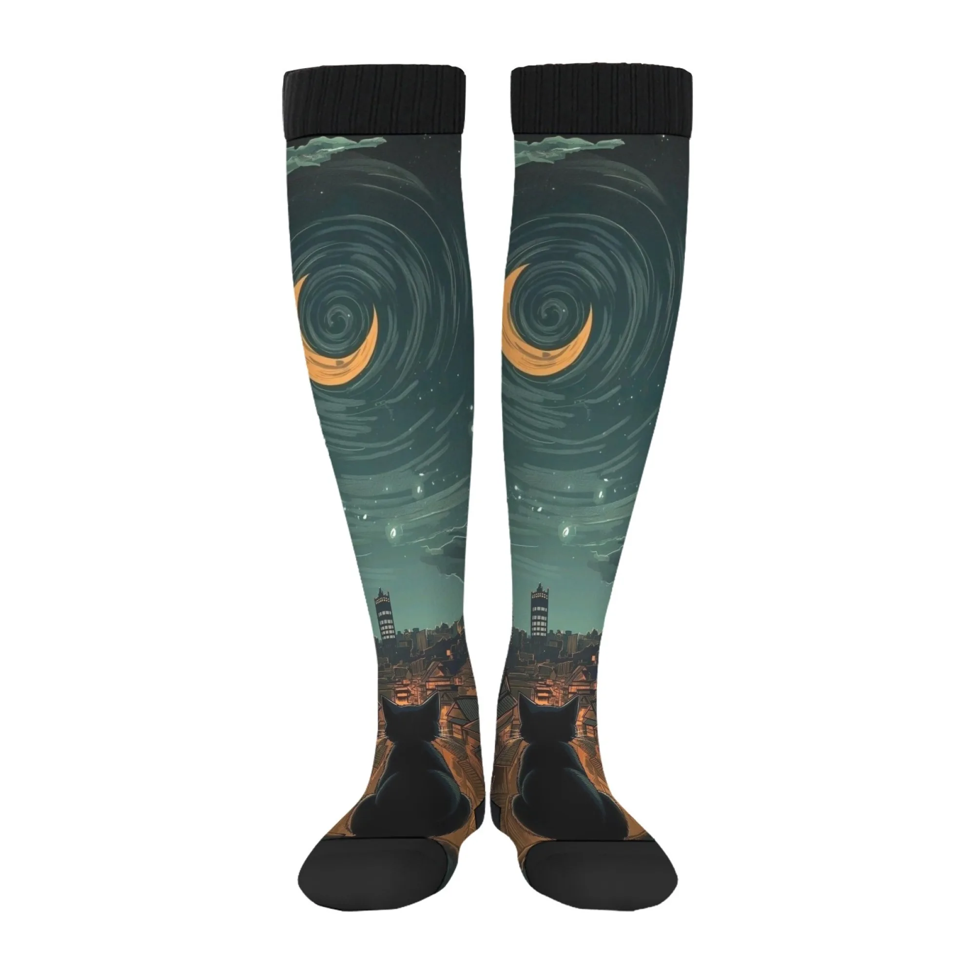 The night view of Black Cat City Socks Casual Fashion Stockings Unisex Harajuku Style Novelty Funny Happy Socks Gift