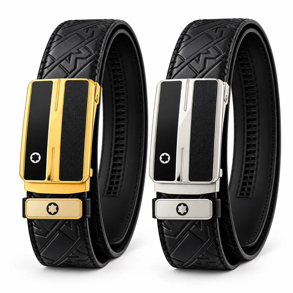 Men's Leather Belts Genuine Cowhide 3.5cm Automatic Buckle Dress Belt Embossed Pattern Reversible Strap Adjustable Cut to Fit