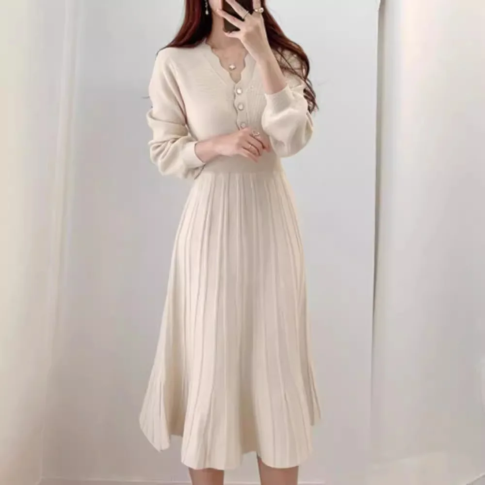 

High Quality Hot Selling Wholesale Solid Color Knitted Dress Women's New V-neck Waist Cinched Striped Temperament Slim Fit Skirt