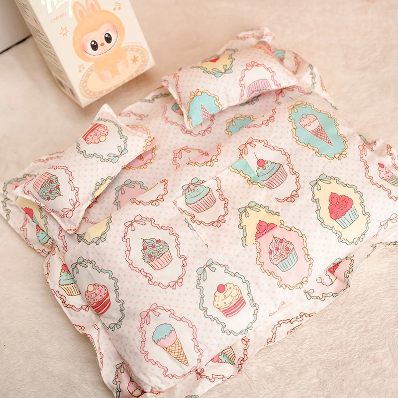 Joli sac de couchage Double, ensemble de literie avec deux oreillers pour poupée idole en coton et poupée Labubu de 17cm, maison de jeu, jouets, accessoires