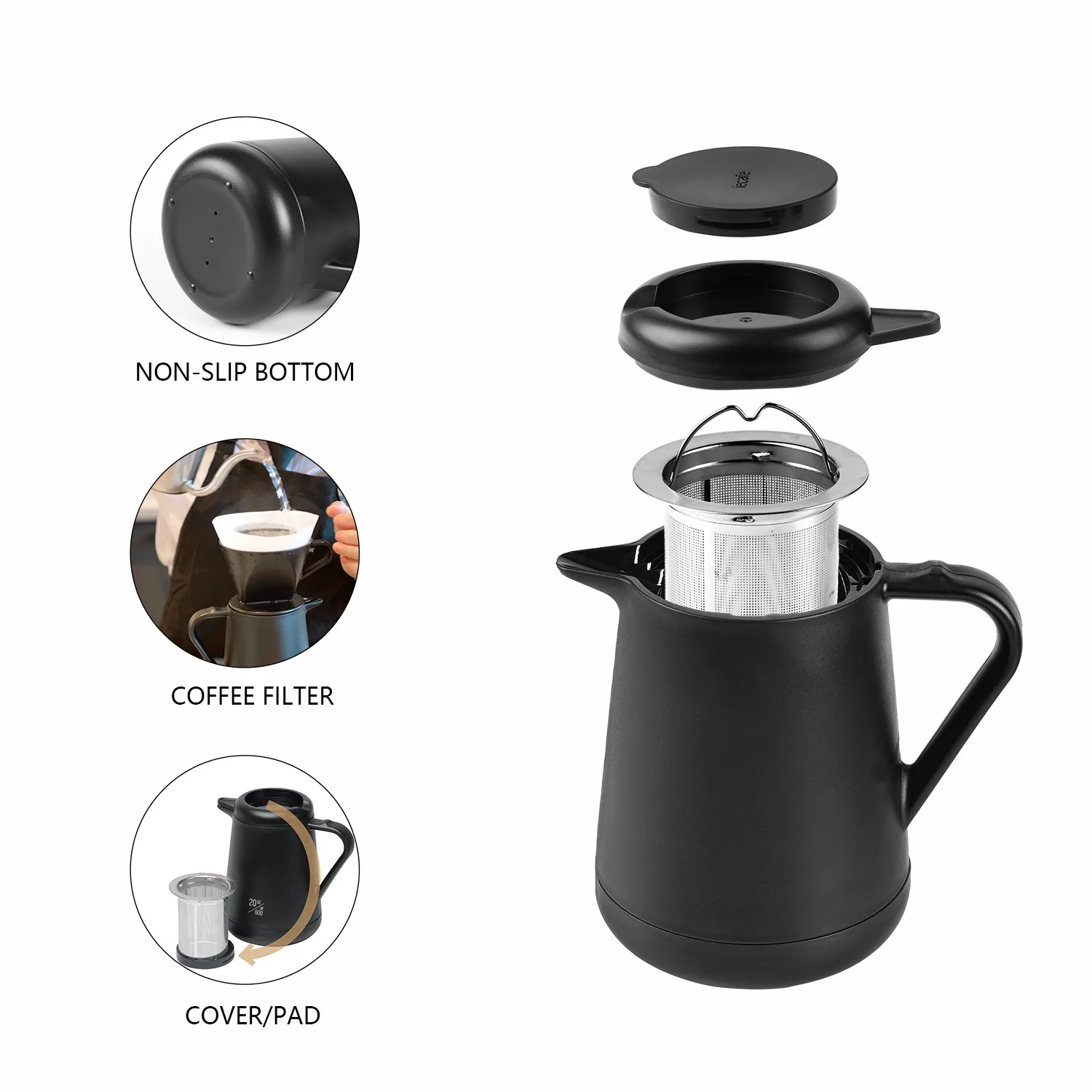 Ideus 20oz Stainless Steel Insulated Coffee Pot Set with Drip Filter - Teapot for Home Office And Camping