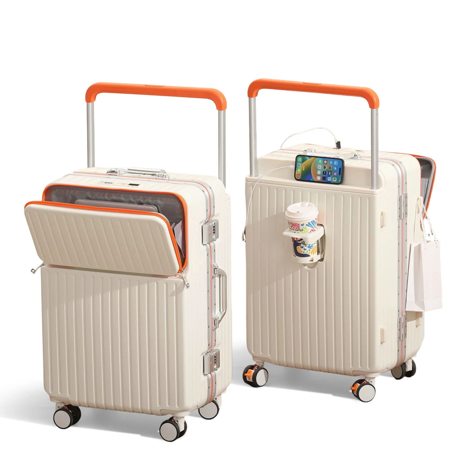 Wide-Handle Travel Suitcase Aluminum Frame Hard Shell Luggage Front-Opening Design USB Port 360° Silent Wheels TSA-Approved Lock