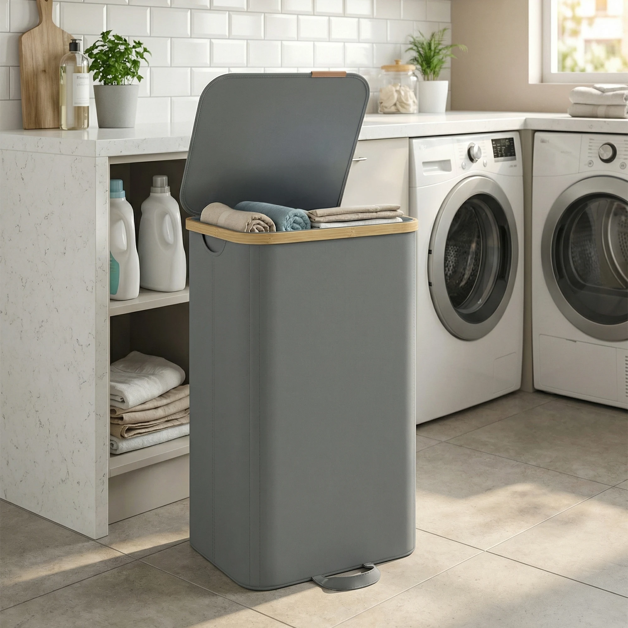 SONGMICS Wäschekorb mit Deckel, 100 Liter, 1 Fach, Bambusrahmen