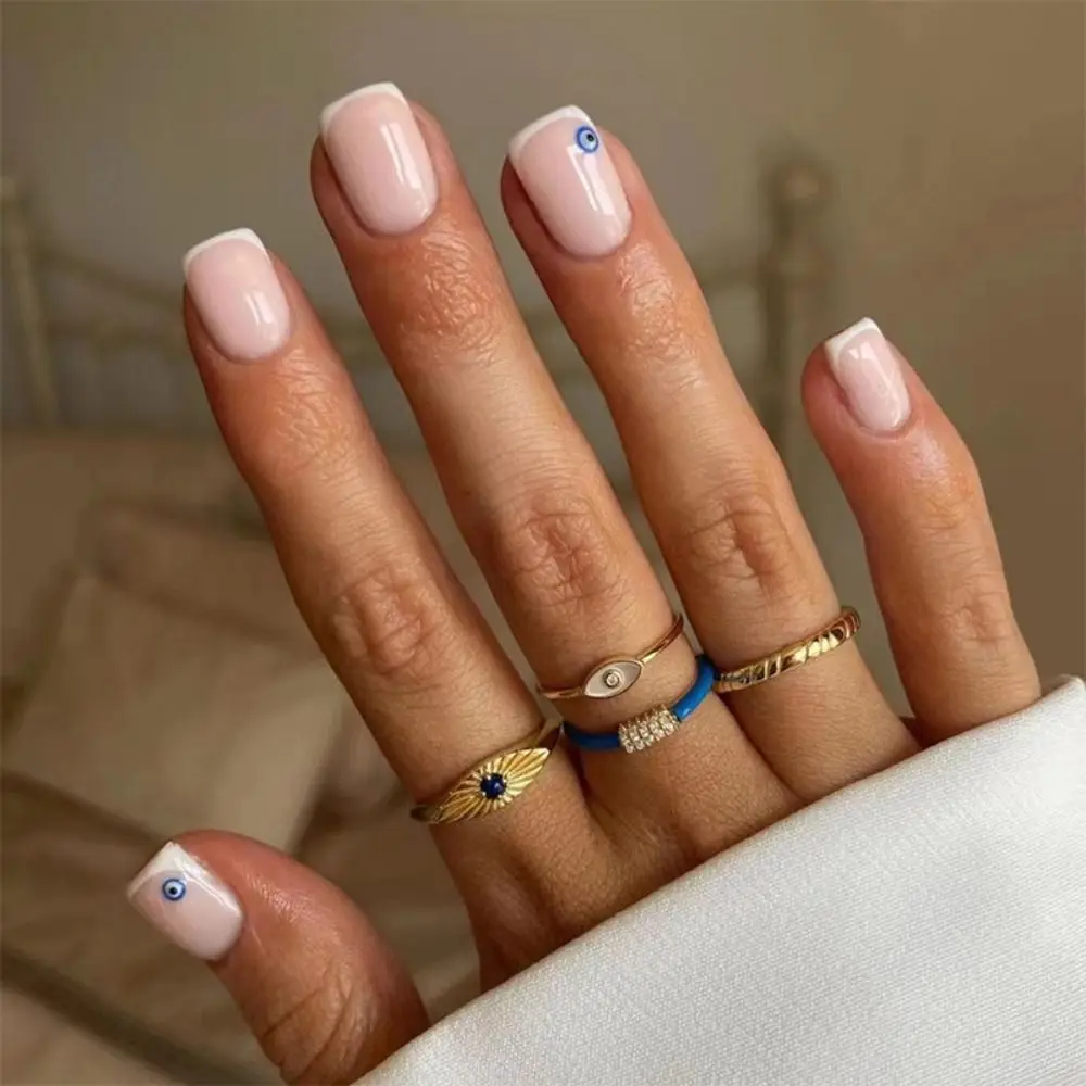 Unghie finte francesi colorate Fashion Simple Eyes Glitter Blue White Nail Tips Long Square staccabile Fake Nials Women Girls