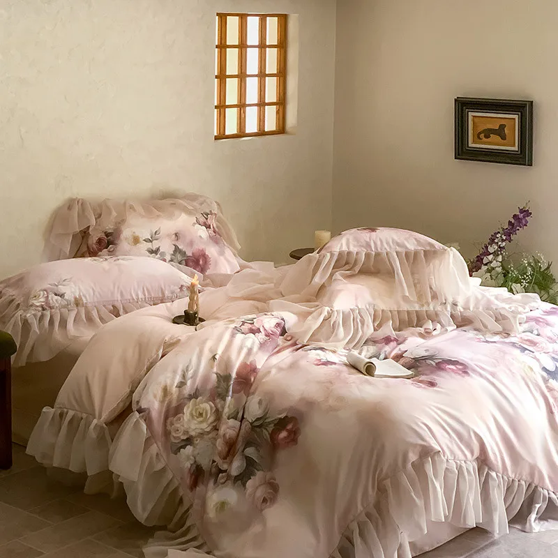 Ultra Soft Breathable Cotton Lyocell French Flowers Lace Summer Cooling Bedding set (1Duvet Cover+1Flat Bedsheet+ 2Pillowcases)
