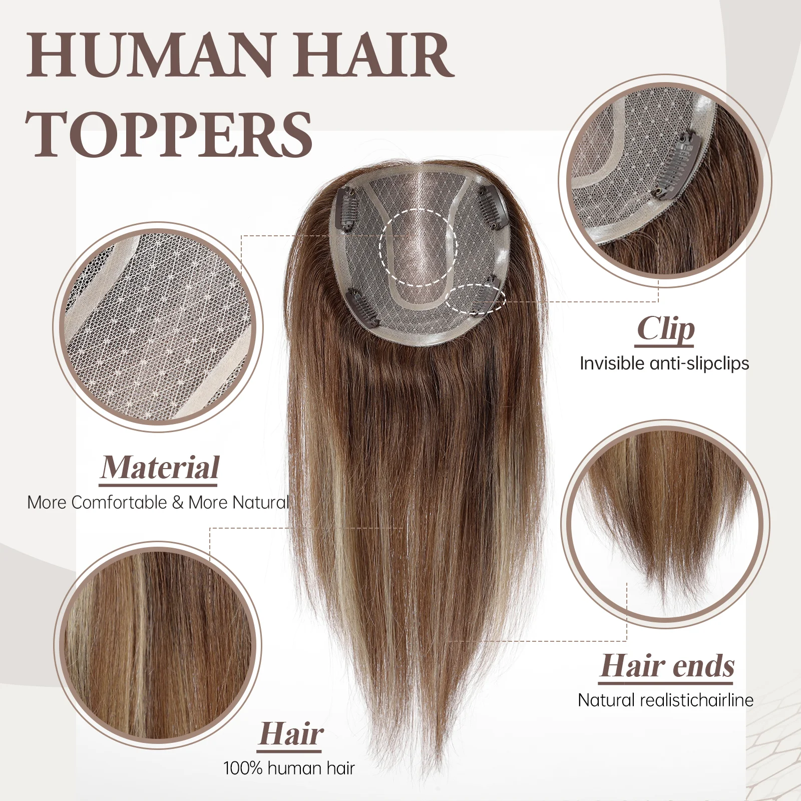 Highlight Topper rambut manusia dasar Mono 12*13cm ujung rambut untuk wanita dengan rambut tipis buatan tangan bagian atas klip dalam rambut 14in