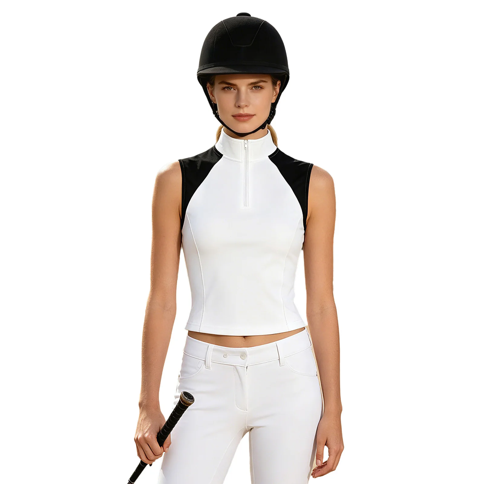 Women Sleeveless Color Block Equestrian Shirt Zip-up Stand Collar Horse Riding Vest Quick Dry Golf Tennis Sports Tank Top