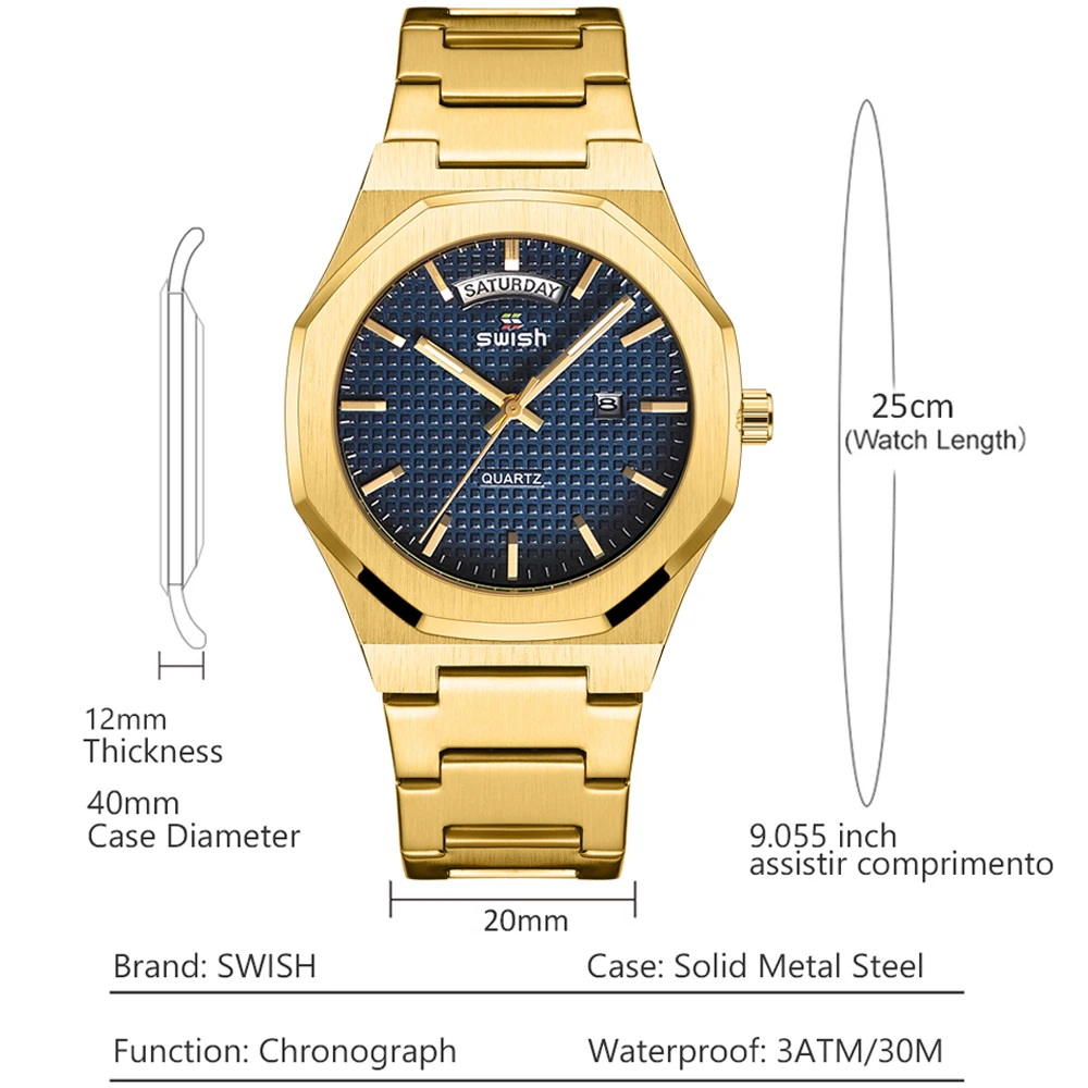 SWISH Luxury Yellow Gold Polygon Watch for Men Quartz Business Relogio Masculino Week Date Display Business Dress Clock 2023