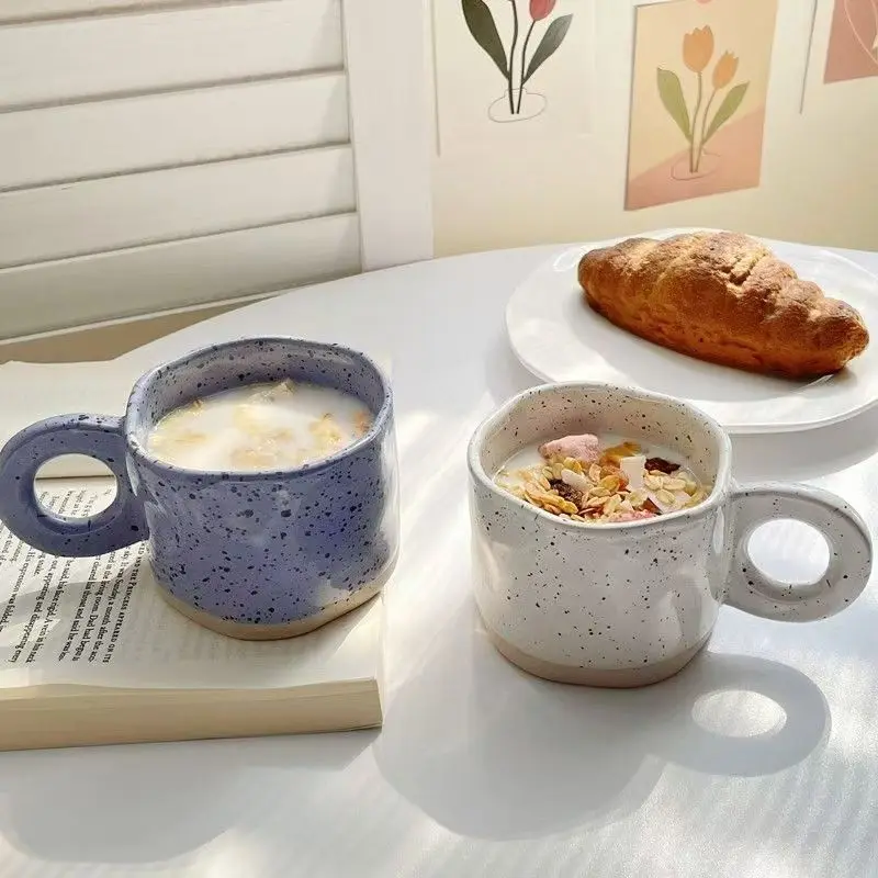 Tazas de cerámica de 250ML con mango de anillo creativo, taza de café con tinta salpicada Irregular de estilo coreano, taza de té para desayuno en casa y oficina, taza con agarre
