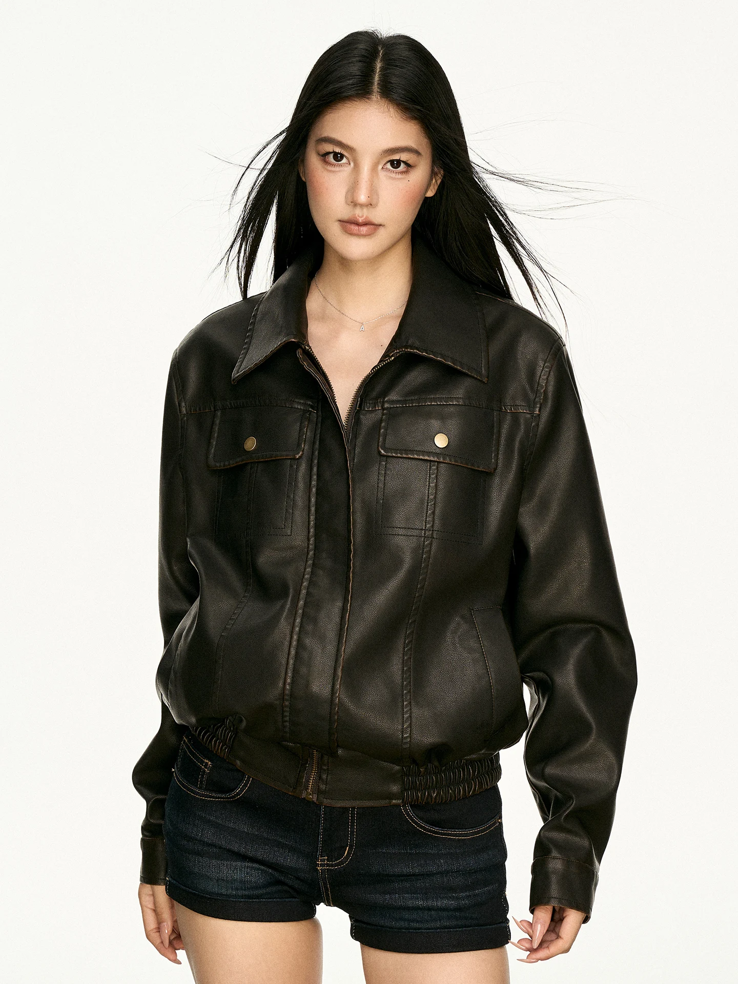 

Aaisup American Retro Motorcycle Style PU Leather Jacket Women's Short Black Spring Fashionable Stand Collar Zipper Coat
