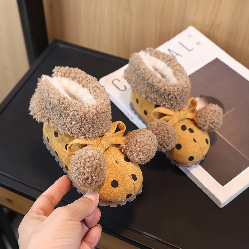 Girls Fleece Padded Winter Boots Kids Snow Boots with Thick Bow Dots Design Children's Shoes for Cold Weather