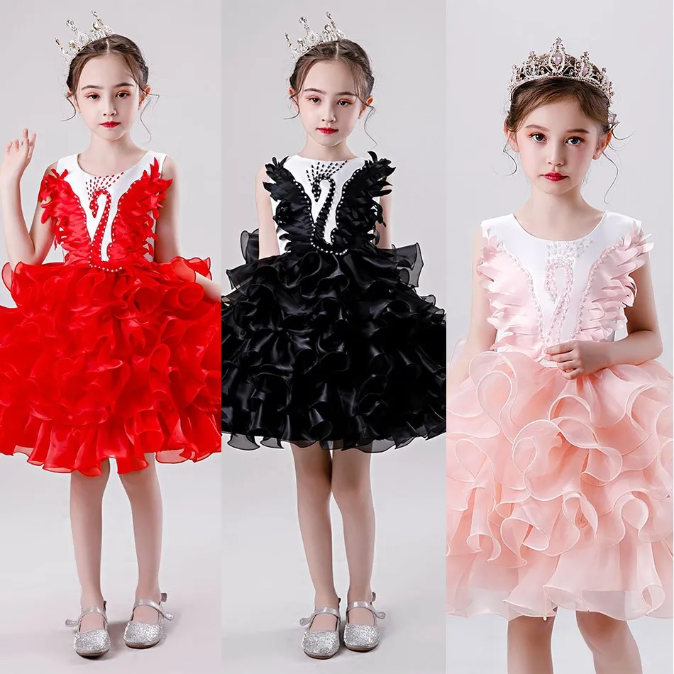 

Princess Dress Black Swan Dress+Crown Gril Dress Exaggerated Puffy Dress For Grils Beaded Dance Costume Stack Tulle TuTu Dress