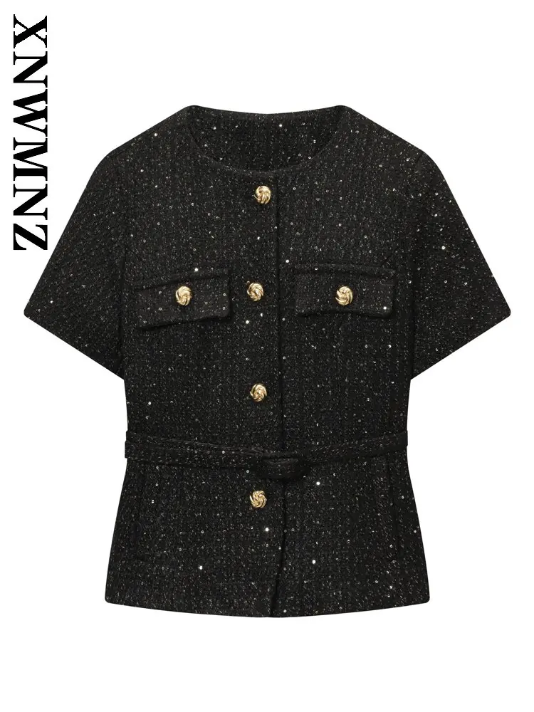 XNWMNZ 2025 겨울 신상 여성 휴가 캐주얼 O넥 니트 재킷 파티 빈티지 가을 여성 반팔 패션 슬림 탑 포켓