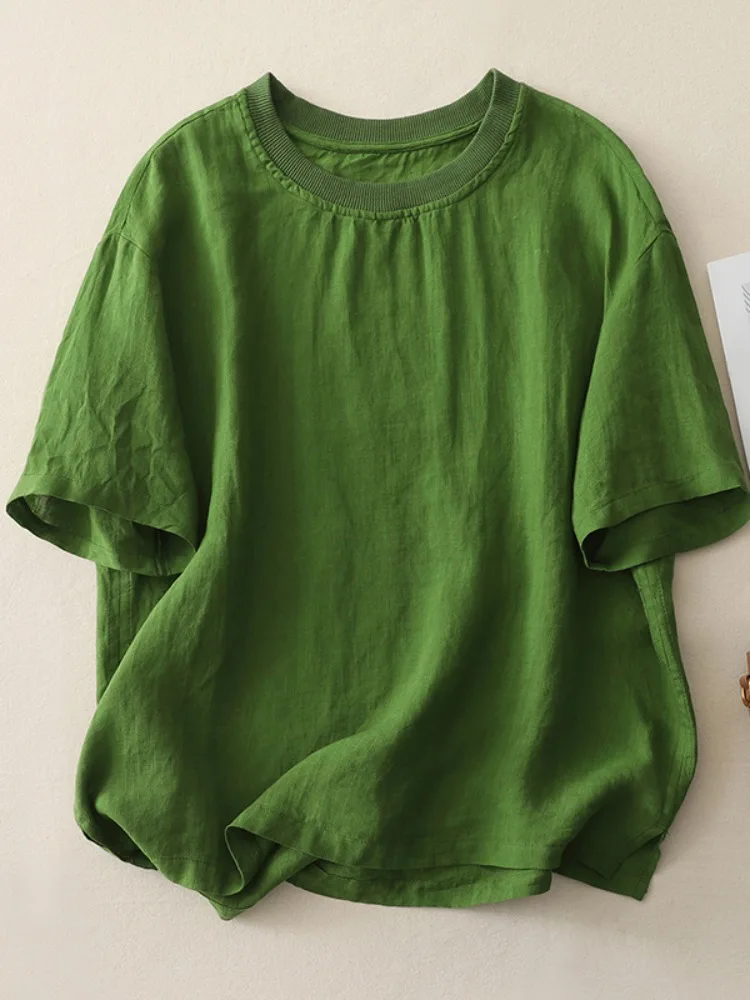 Cseta Retro de lino y aodón con cuello redondo y manga corta para mujer, Top informal de verano de Color sólido con empa...