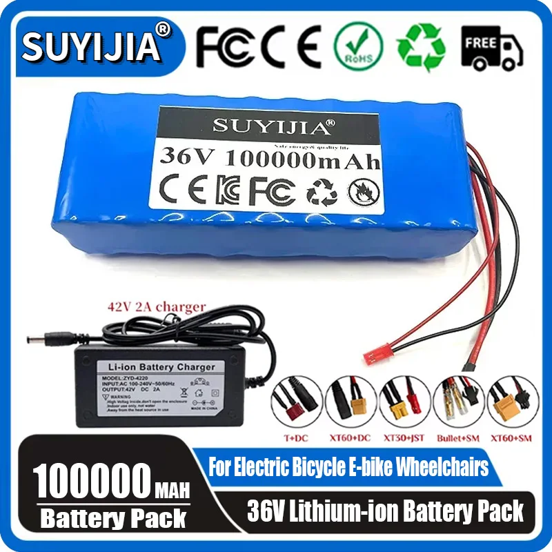 

New 18650 36V Lithium Battery Pack 10S2P 100Ah 1000W Battery for Electric Bicycle E-bike Wheelchairs Power Tools +42V 2A Charger