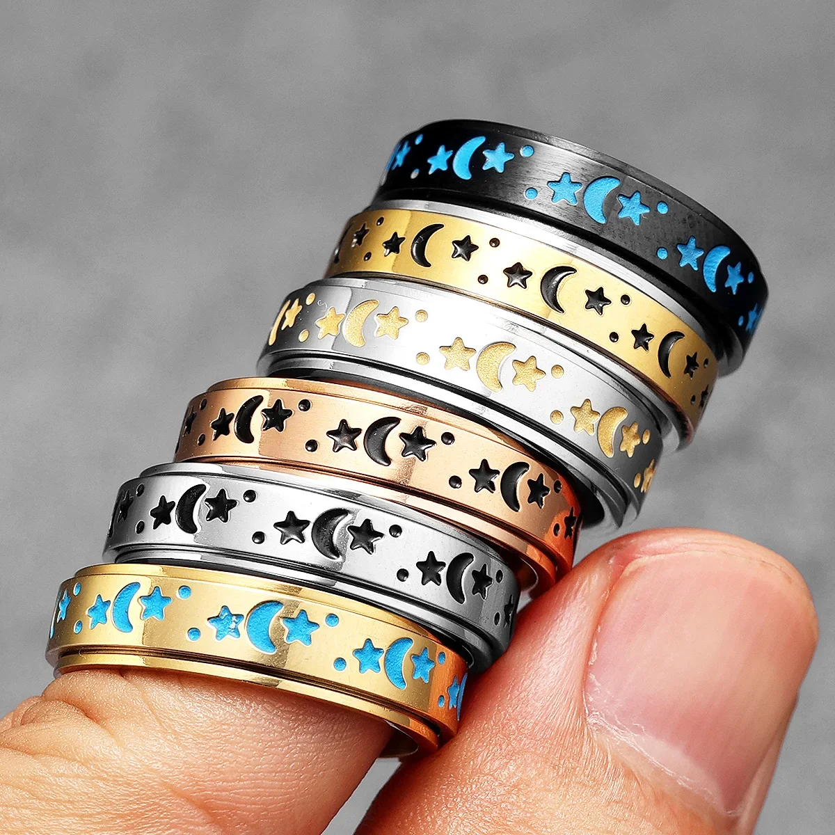 Starry Night Stars Moon Luminous Men Rings Stainless Steel Punk Luxury New In Women Jewelry Fashion Accessories Gift Wholesale