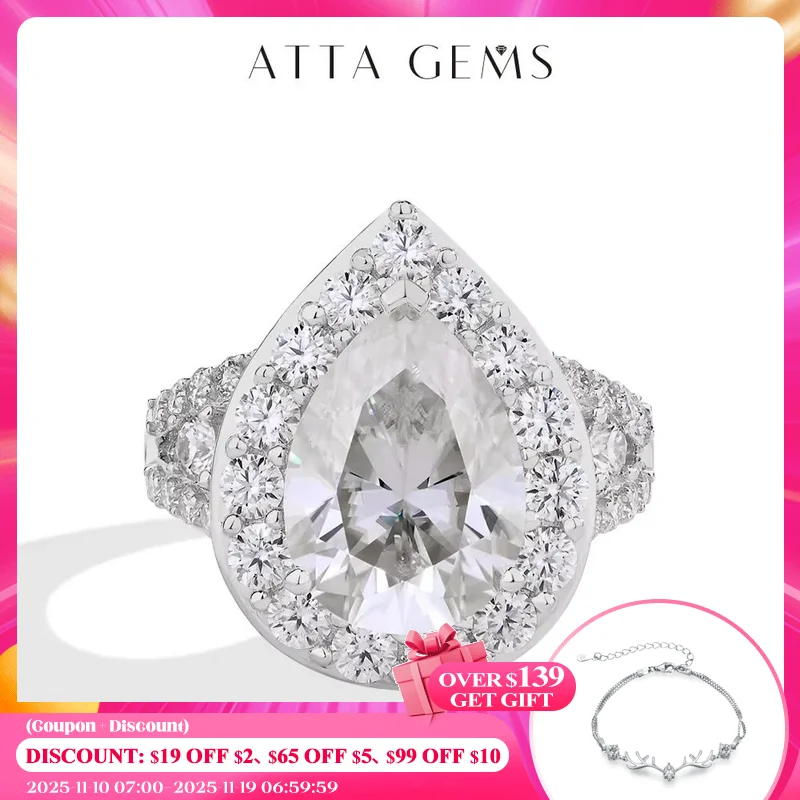 

ATTAGEMS 6CT Moissanite Rings D VVS1 Pear Cut Lab Diamond 925 Silver 18K Gold Plated Luxury Engagement Wedding Jewelry for Women